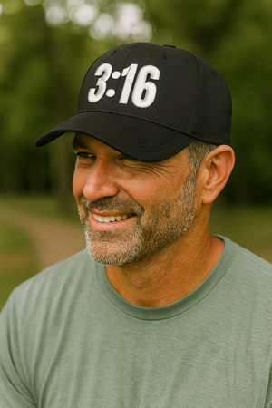 Man wearing a black Christian trucker cap with '3:16' printed on the front panel.