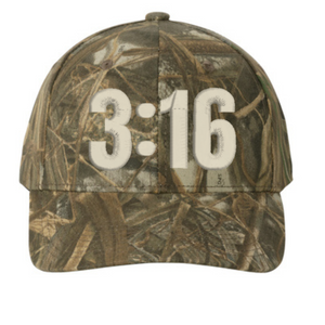 Christian Camo hat with 3:16 on the front panel.