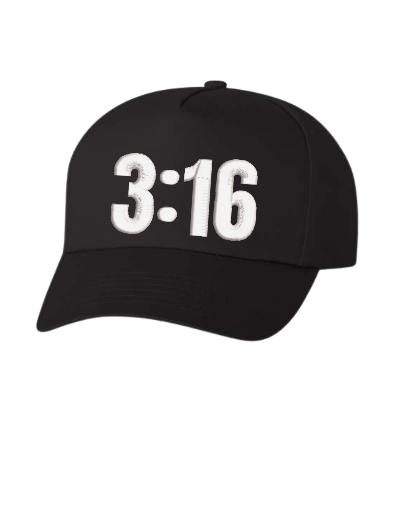 Black Christian trucker hat with 3:16 embroidered on the front panel.