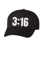 Black Christian trucker hat with 3:16 embroidered on the front panel.
