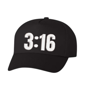 Black Christian trucker hat with 3:16 embroidered on the front panel.