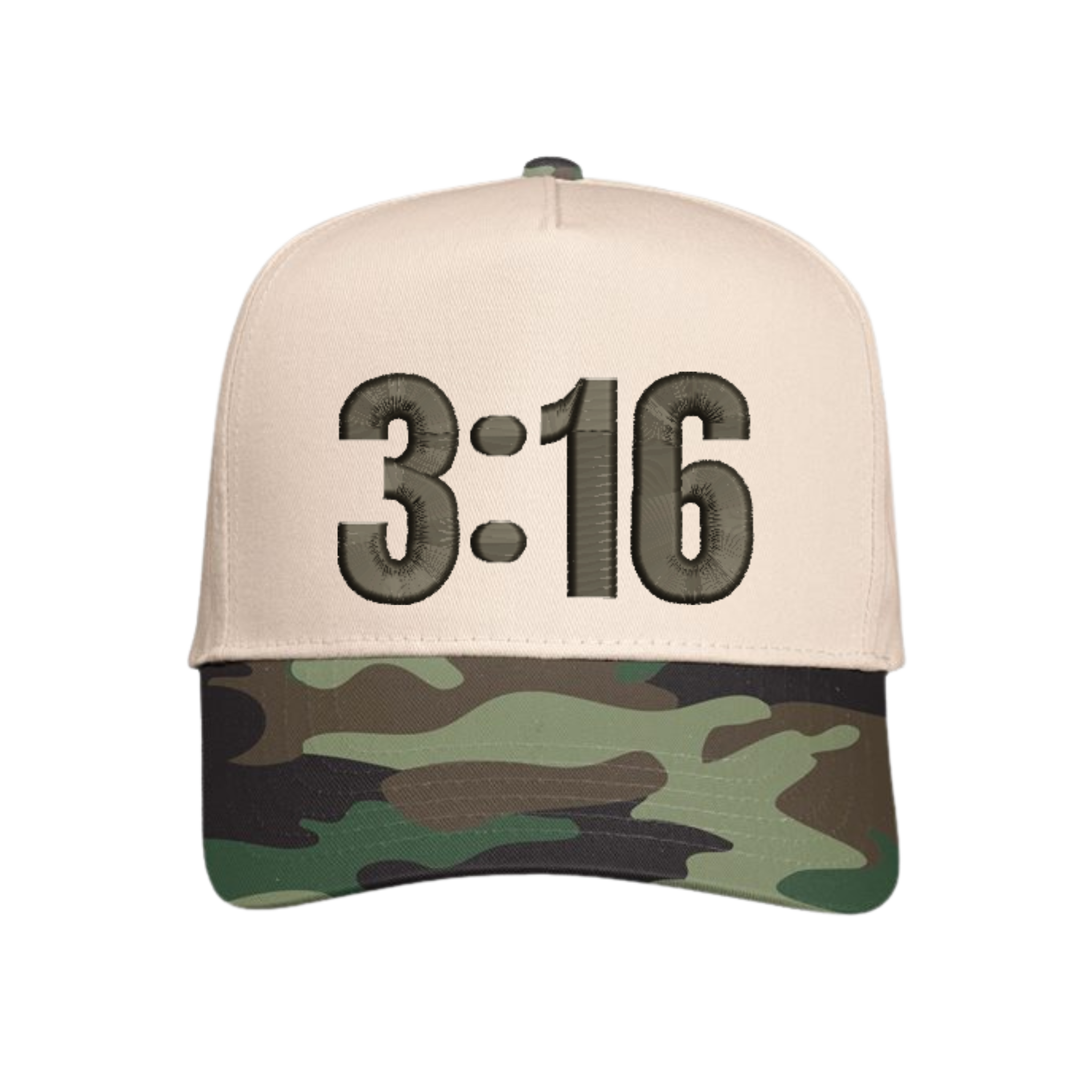 Natural / Camo Christian trucker hat with 3:16 embroidered on the front panel.