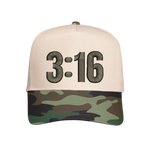 Natural / Camo Christian trucker hat with 3:16 embroidered on the front panel.
