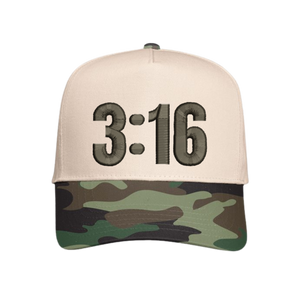 Natural / Camo Christian trucker hat with 3:16 embroidered on the front panel.