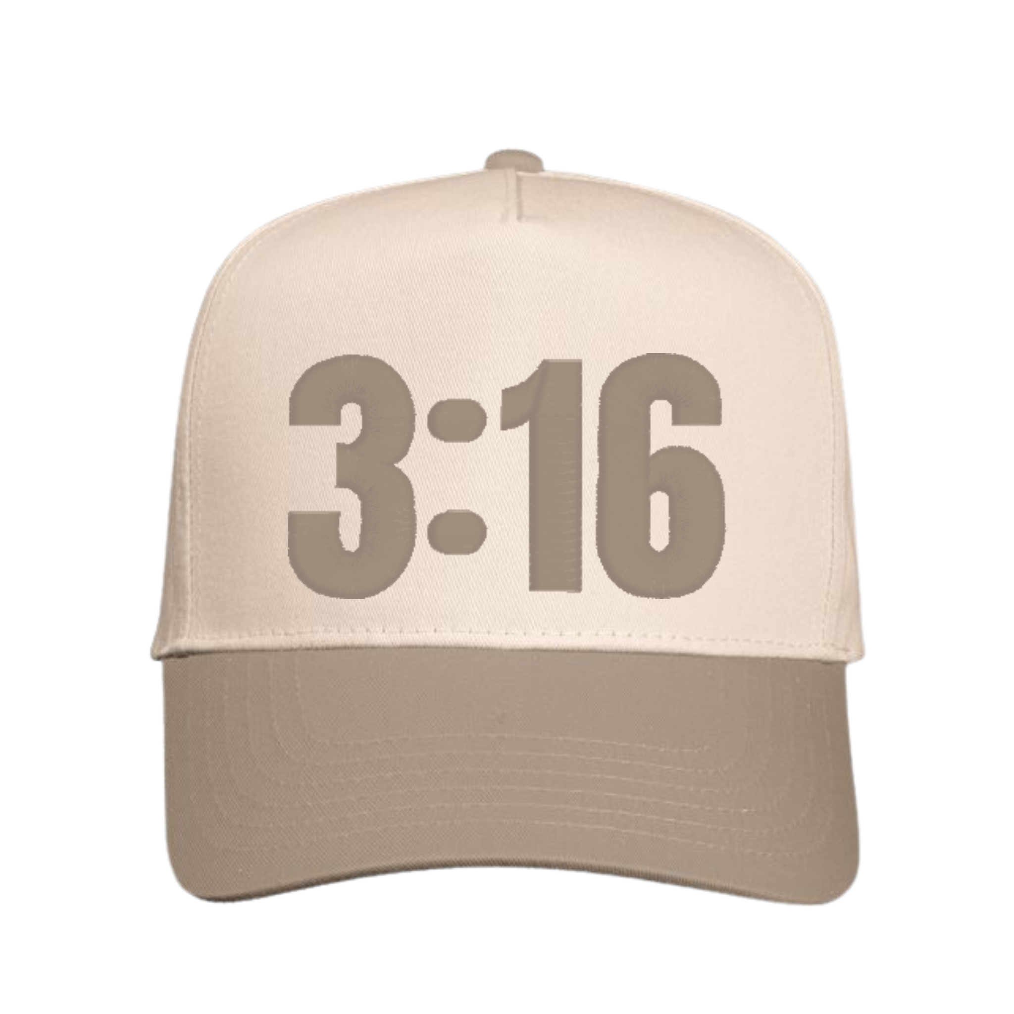 Beige Christian trucker cap with 3:16 on the front panel.