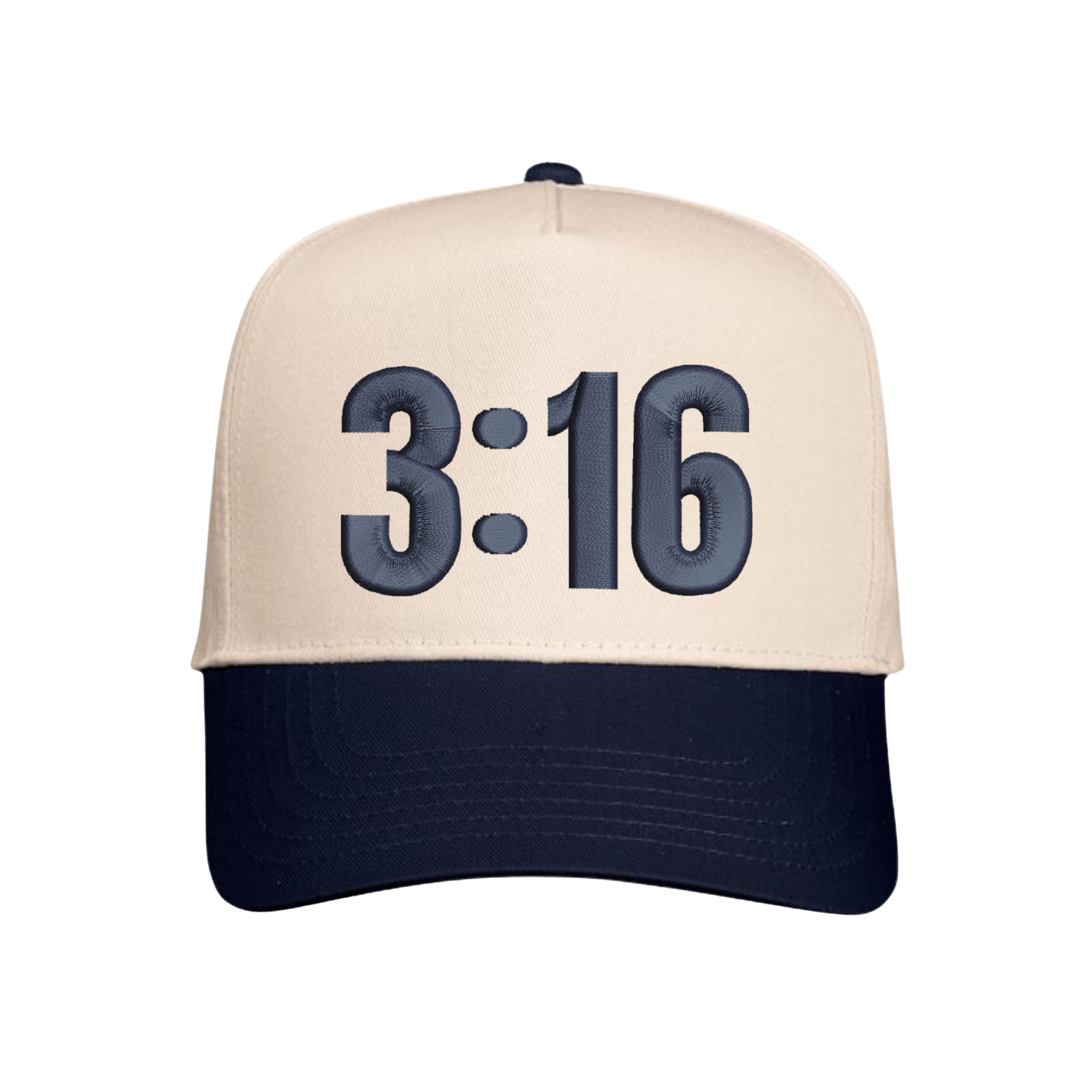 Natural / Blue Christian trucker hat with 3:16 embroidered on the front panel.