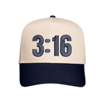 Natural / Blue Christian trucker hat with 3:16 embroidered on the front panel.