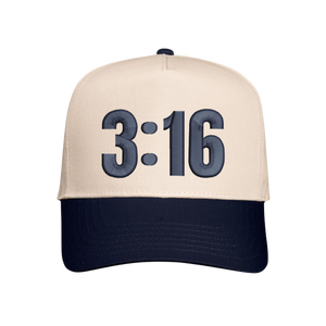Natural / Blue Christian trucker hat with 3:16 embroidered on the front panel.