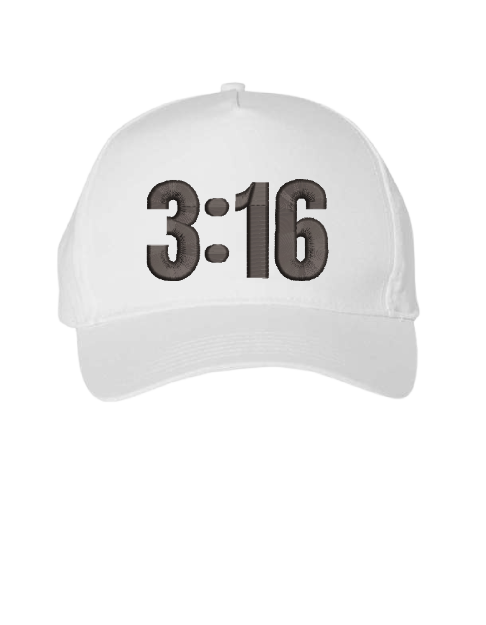 White Christian trucker hat with 3:16 embroidered in black on the front panel