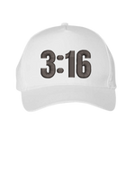 White Christian trucker hat with 3:16 embroidered in black on the front panel
