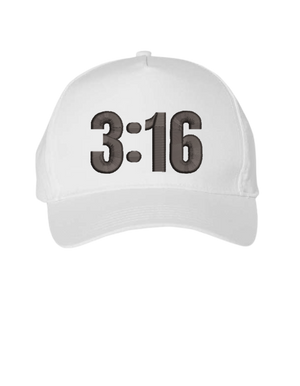 White Christian trucker hat with 3:16 embroidered in black on the front panel