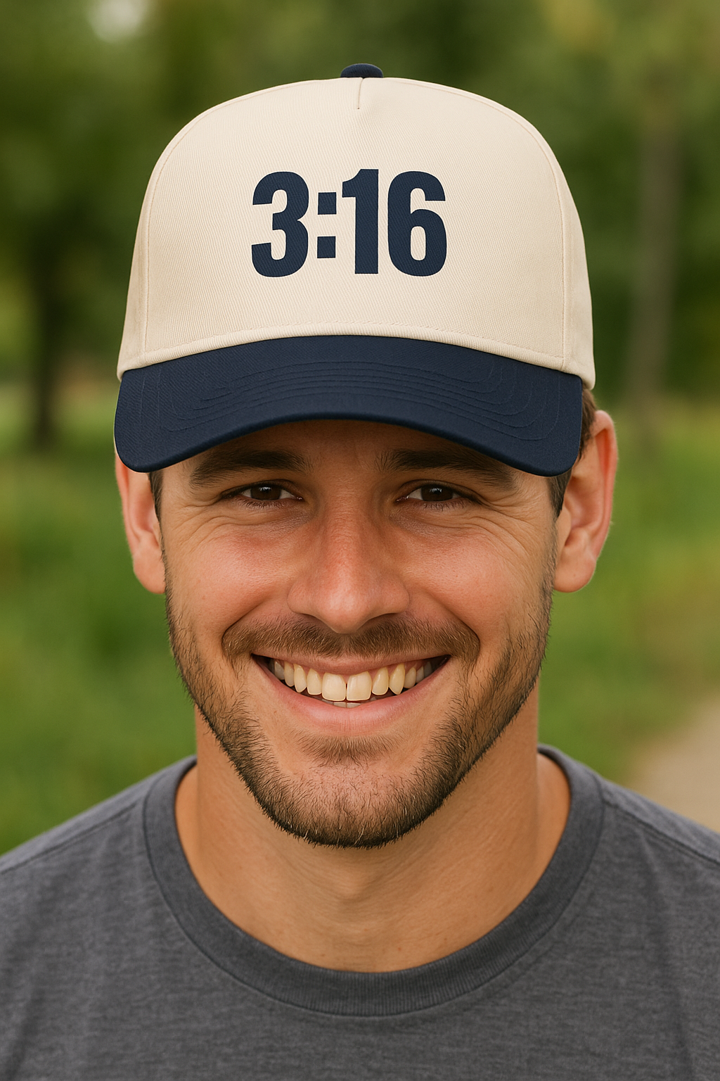 Male wearing a Christian twill hat with embroidered 3:16 message on the front panel.