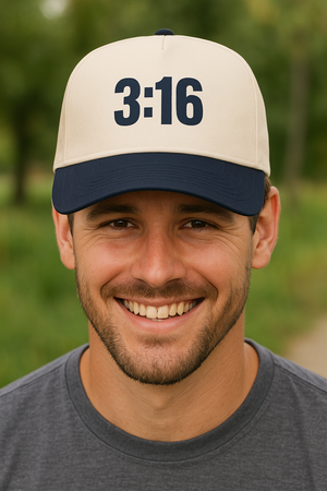 Male wearing a Christian twill hat with embroidered 3:16 message on the front panel.