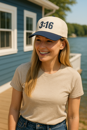 Female wearing a 3:16 Christian five-panel twill cap