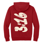 Red oversize Christian hoodie with 3:16 printed on the back.