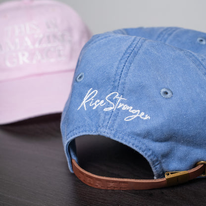 Close-up of detailed embroidery on the front panel of the premium faith-inspired hat  