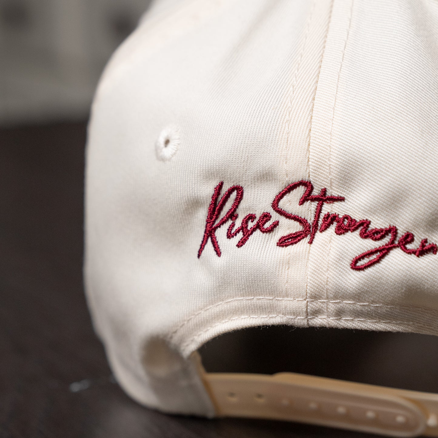 Back view highlighting adjustable metal closure and breathable fabric of spiritual cap  