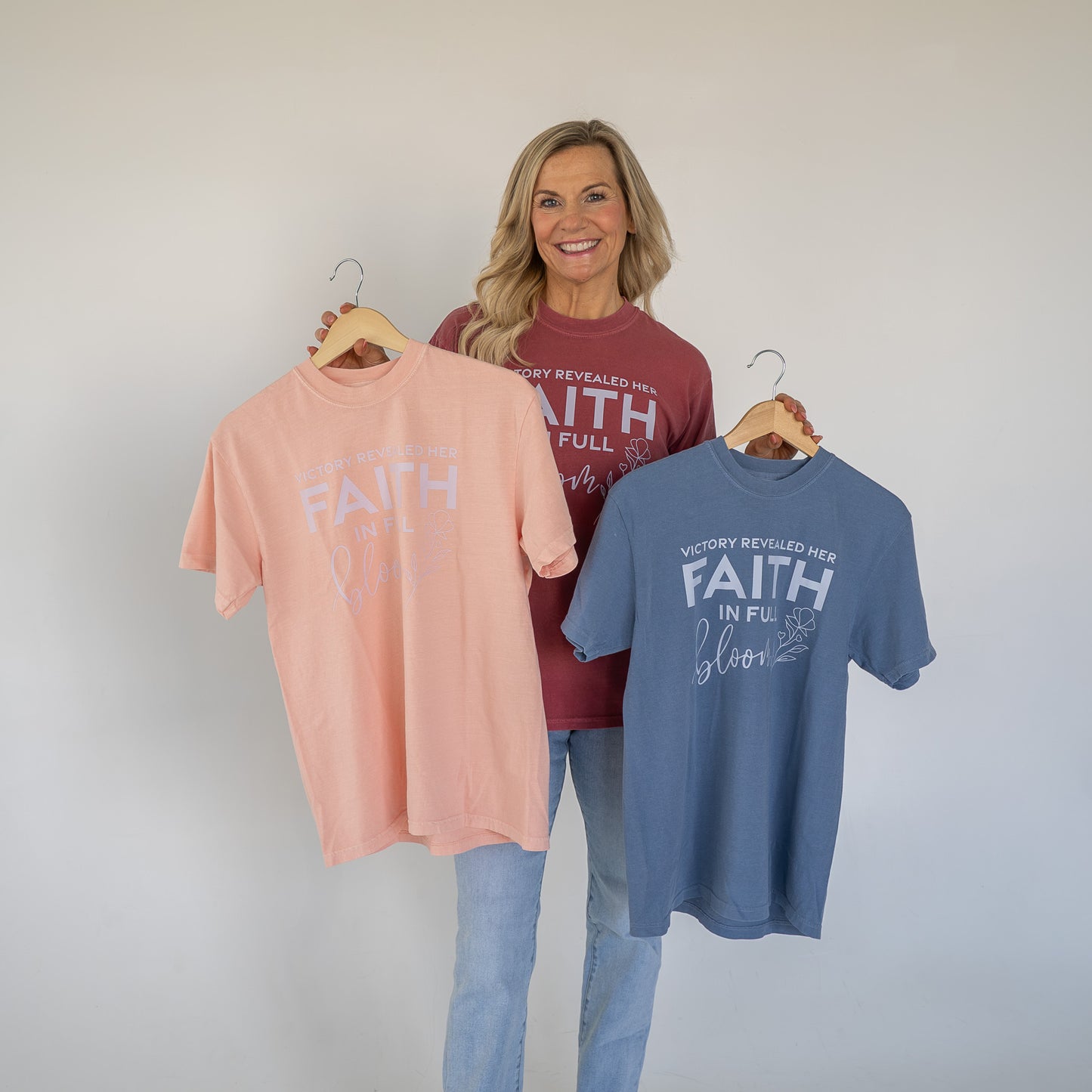 Side angle showing the comfortable fit of the Victory Revealed faith journey tee  