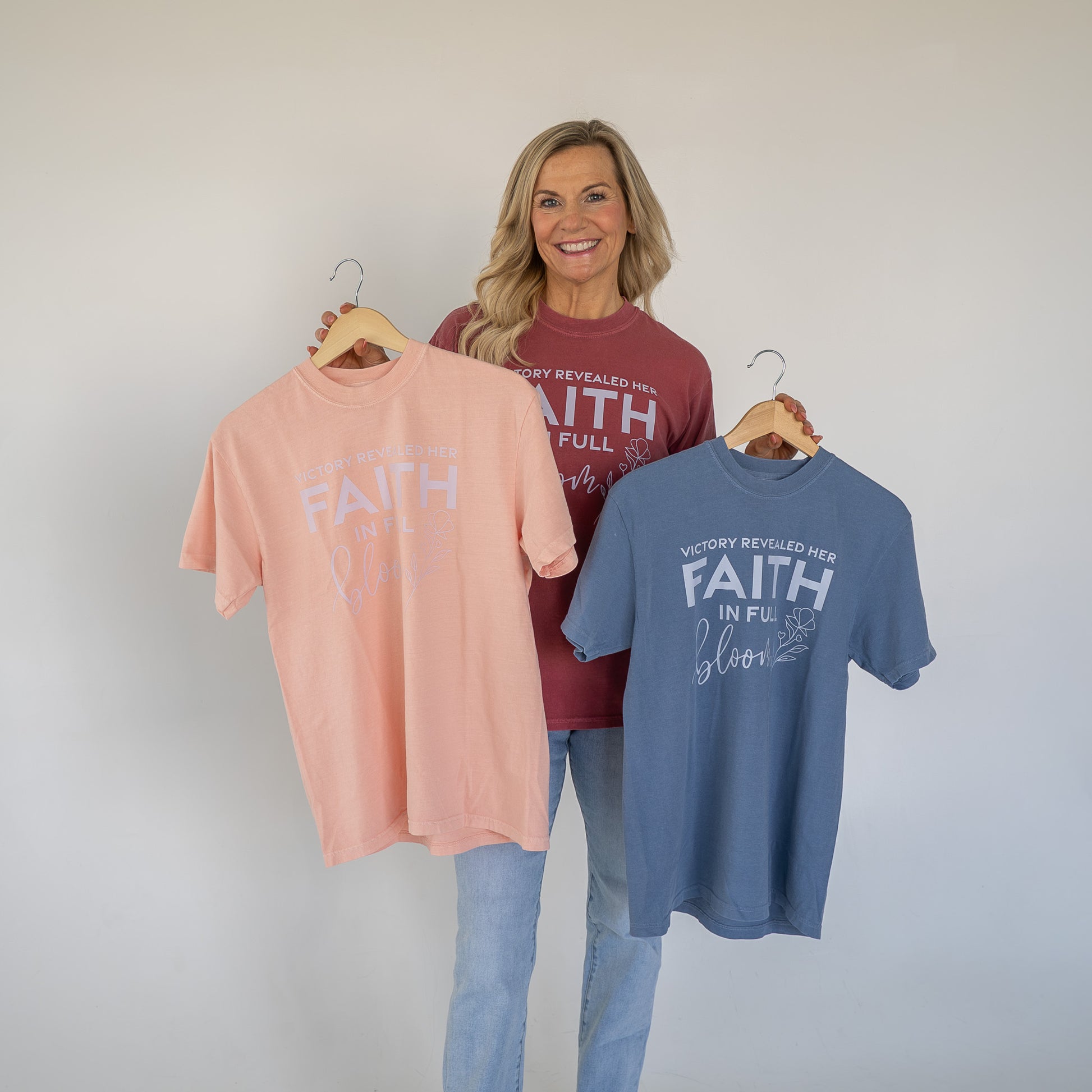 Side angle showing the comfortable fit of the Victory Revealed faith journey tee  
