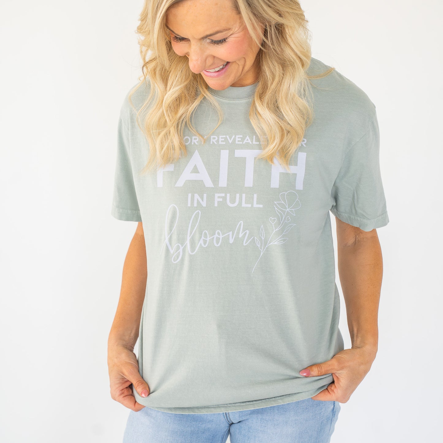 Front view of the Victory Revealed women's Christian tee in white fabric  