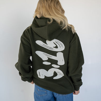 Unisex heavyweight hoodie in charcoal gray with bold 3:16 brushstroke print on the back  