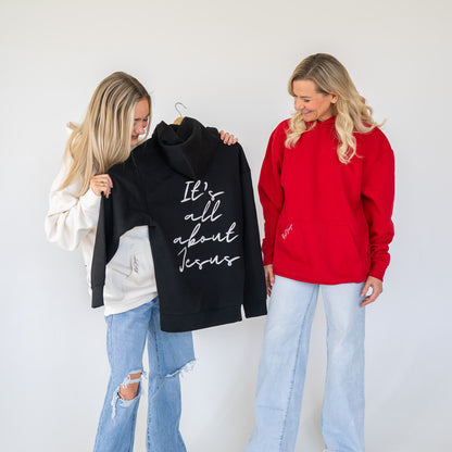 Folded “It’s All About Jesus” hoodie showing quality craftsmanship  