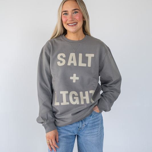 Unisex Salt + Light crewneck sweatshirt in gray with inspirational text detail  