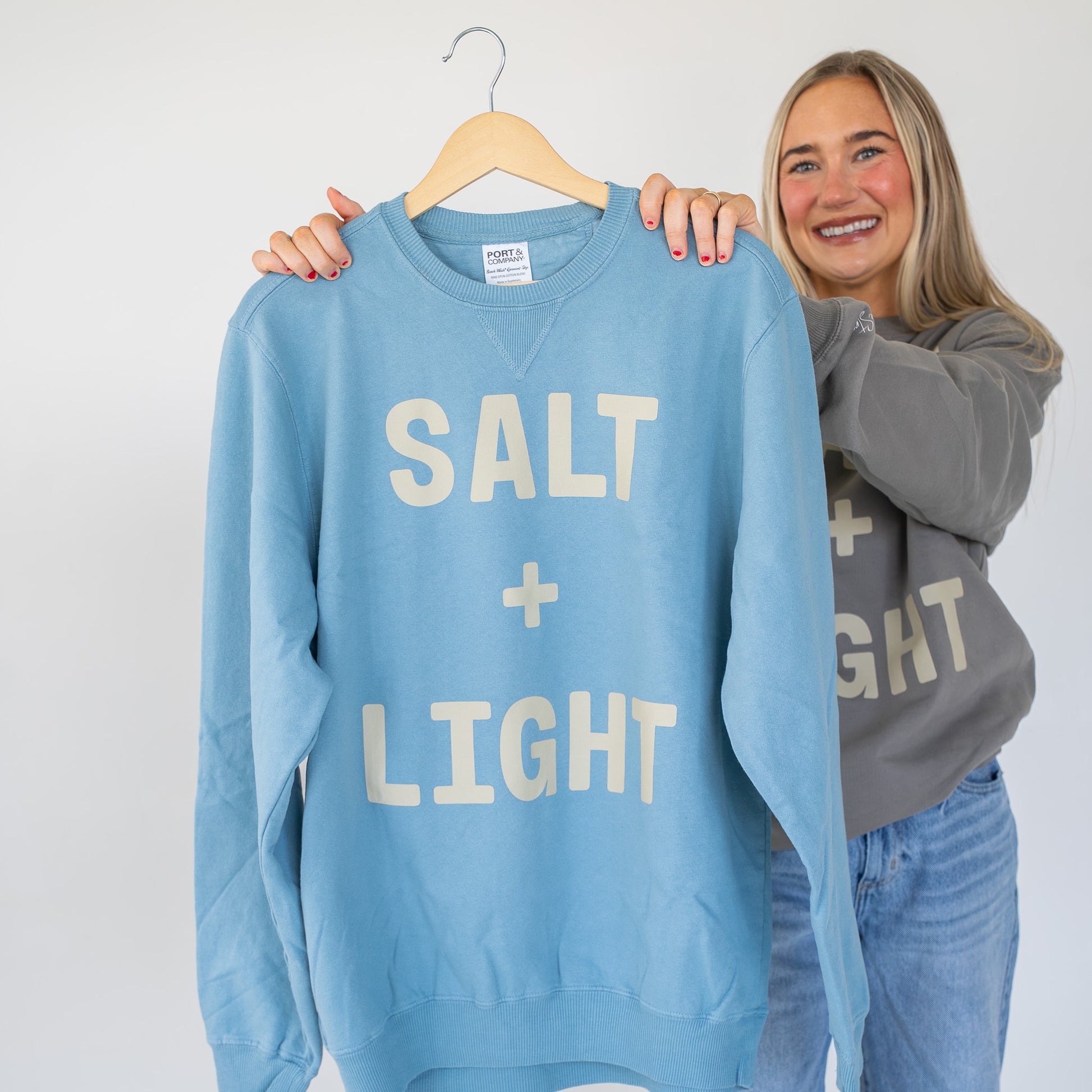 Close-up of Salt + Light sweatshirt fabric texture showing durability and softness  