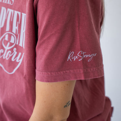 Side angle of lightweight women's shirt featuring positive faith and strength design  