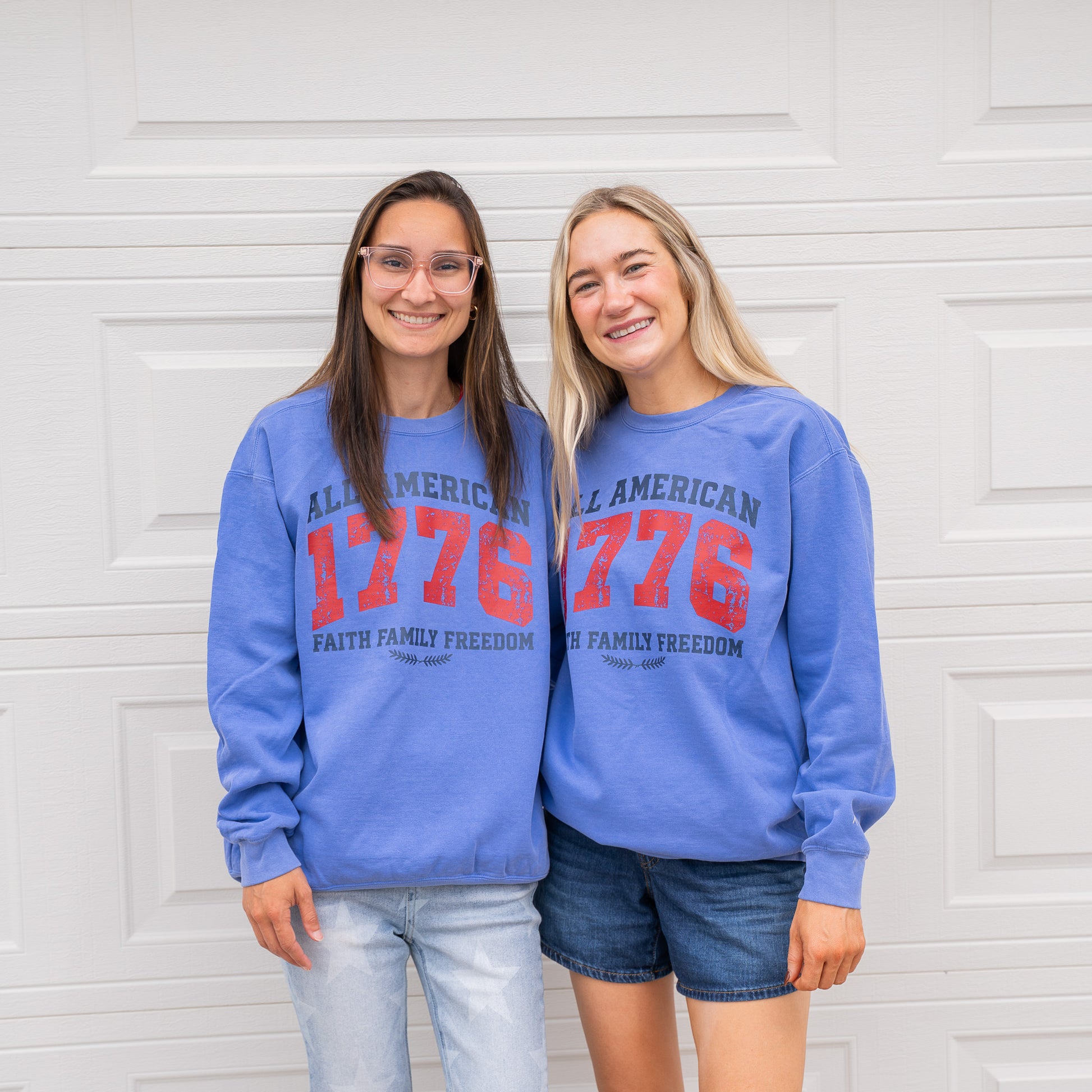 Close-up of the 1776 All American sweatshirt fabric and front graphic design  