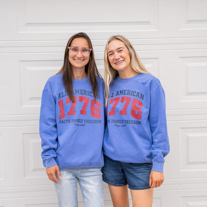 Close-up of the 1776 All American sweatshirt fabric and front graphic design  