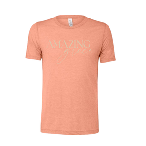 Sunset colored Christian t-shirt with 'Amazing Grace' on the front.