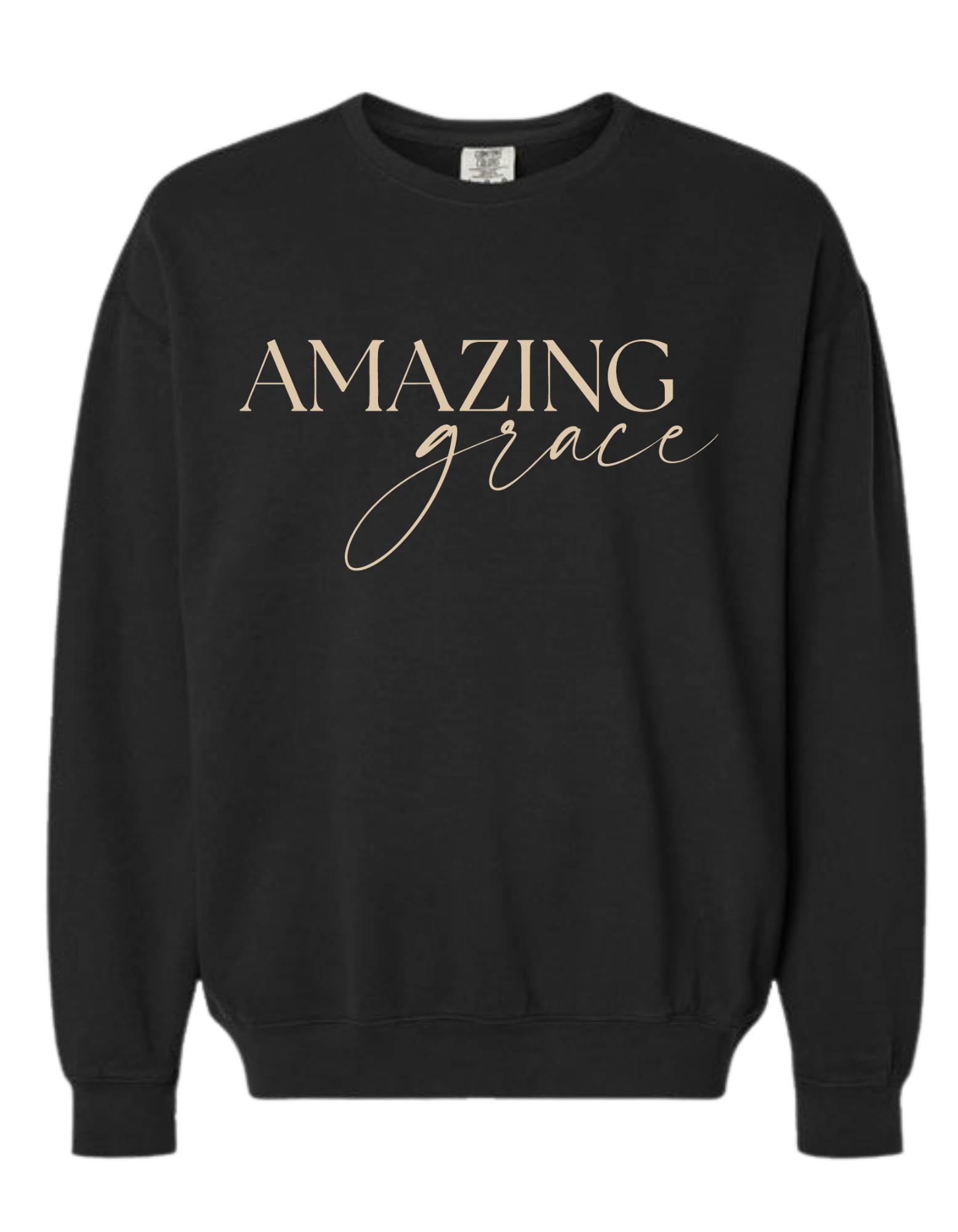 Black colored Christian crew sweatshirt with 'Amazing Grace' across the chest in cream color.  