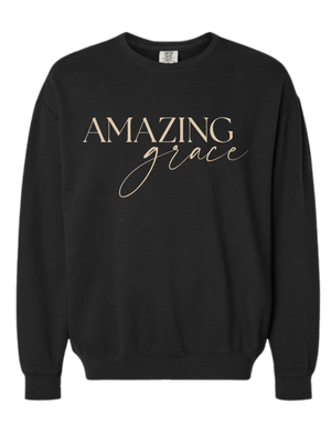 Black colored Christian crew sweatshirt with 'Amazing Grace' across the chest in cream color.  