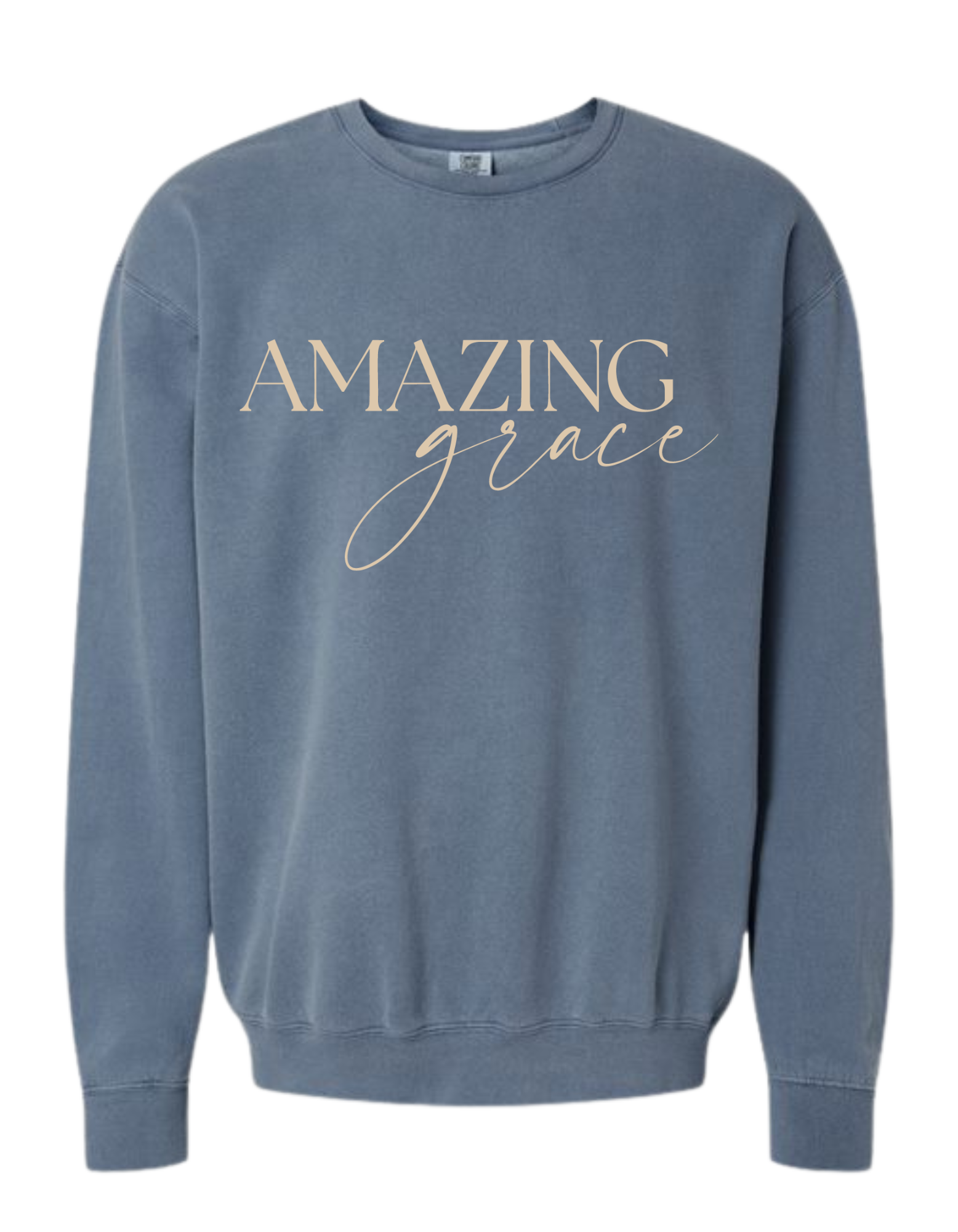 Blue Jean colored Christian crew sweatshirt with Amazing Grace across the chest in cream color.  