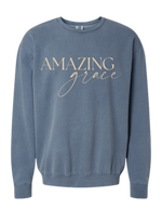 Blue Jean colored Christian crew sweatshirt with Amazing Grace across the chest in cream color.  