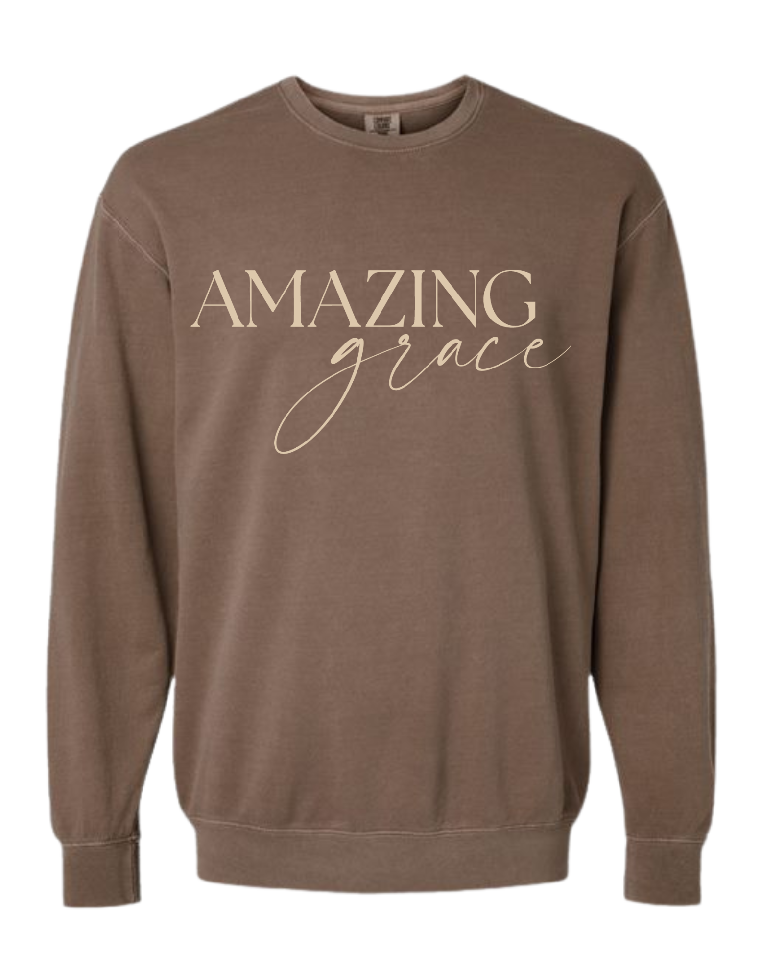 Brown (Expresso) sweatshirt with 'Amazing grace' in cream colored text