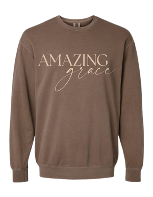 Brown (Expresso) sweatshirt with 'Amazing grace' in cream colored text