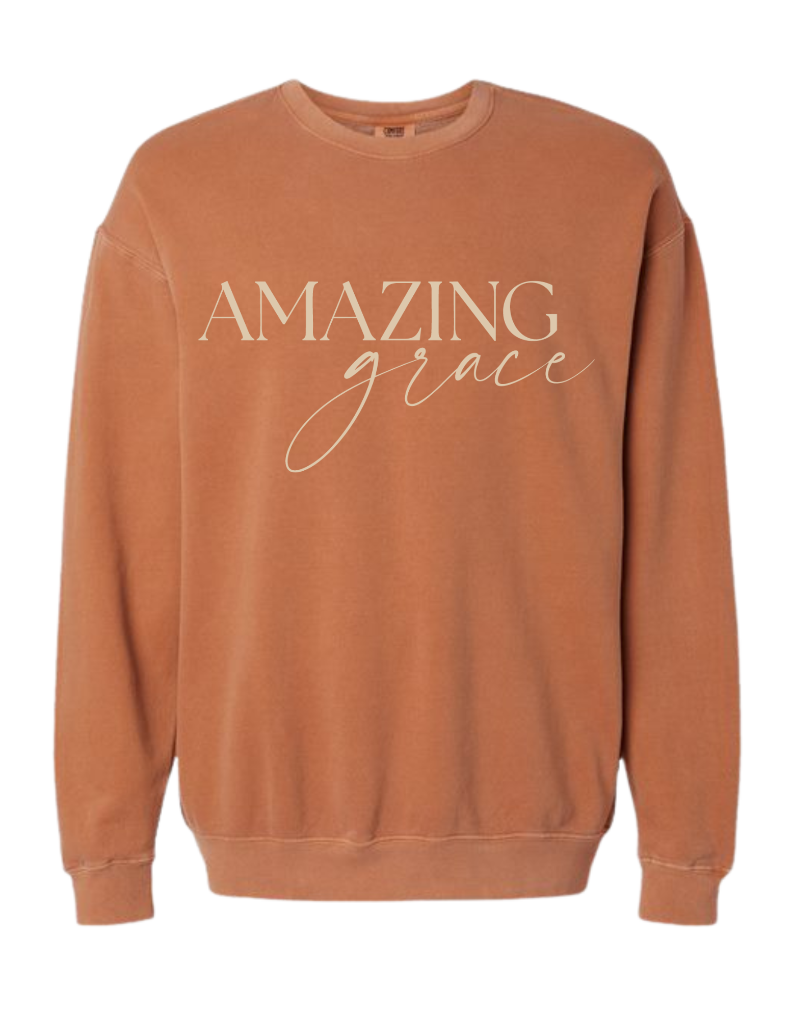 Yam colored Christian crewneck sweatshirt with Amazing Grace across the chest in cream color.  