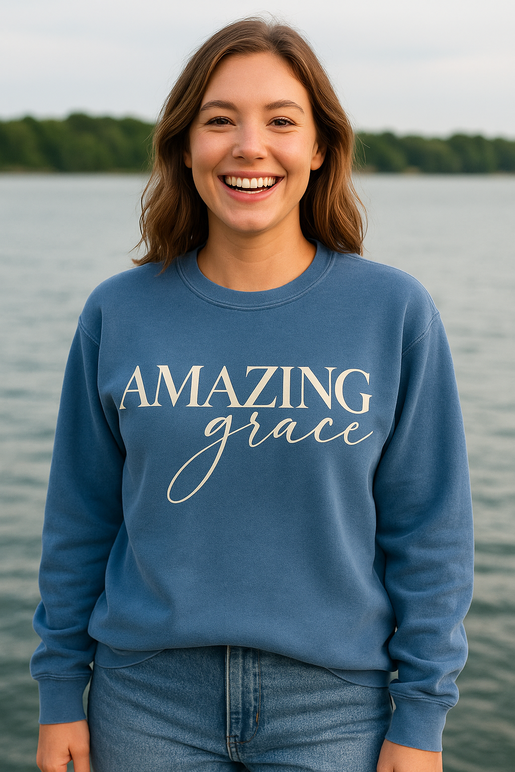 Female wearing a blue jean colored 'Amazing Grace' Christian crewneck sweatshirt