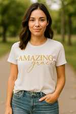 Rise Stronger Amazing Grace Tshirt in white triblend fabric