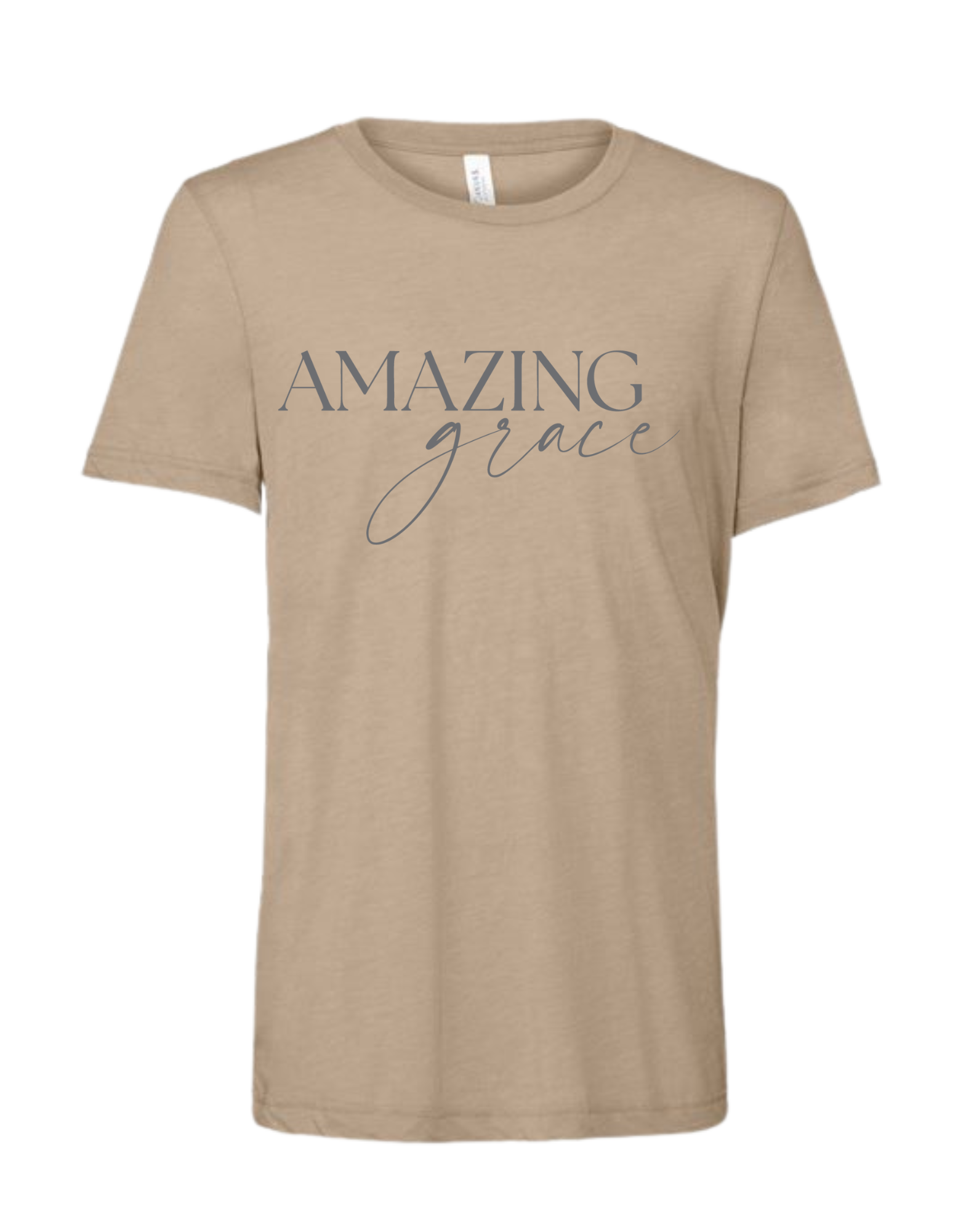 Tan Christian t-shirt with 'Amazing grace' text.