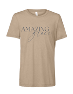 Tan Christian t-shirt with 'Amazing grace' text.