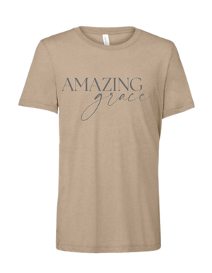 Tan Christian t-shirt with 'Amazing grace' text.