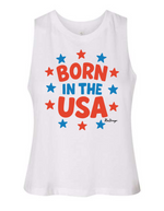Born in the USA women’s patriotic racerback crop tank