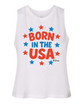 Born in the USA women’s patriotic racerback crop tank