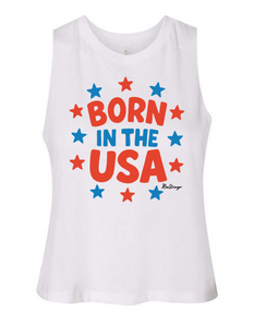 Born in the USA women’s patriotic racerback crop tank