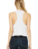 Rearview of a woman wearing the Born in the USA women’s patriotic racerback crop tank