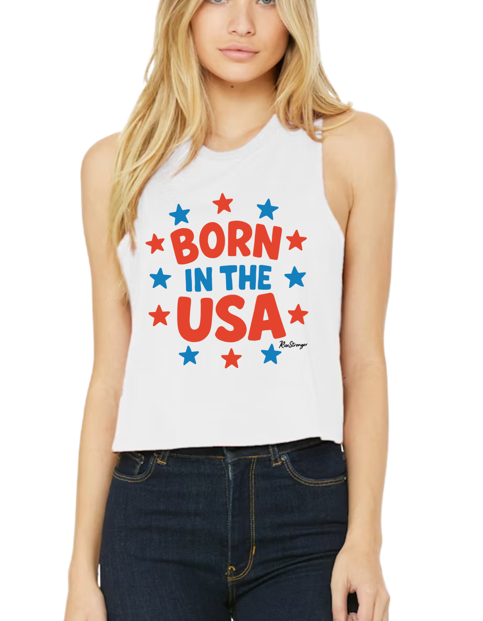 Woman wearing the Born in the USA women’s patriotic racerback crop tank
