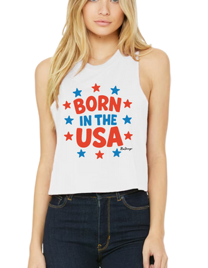 Woman wearing the Born in the USA women’s patriotic racerback crop tank